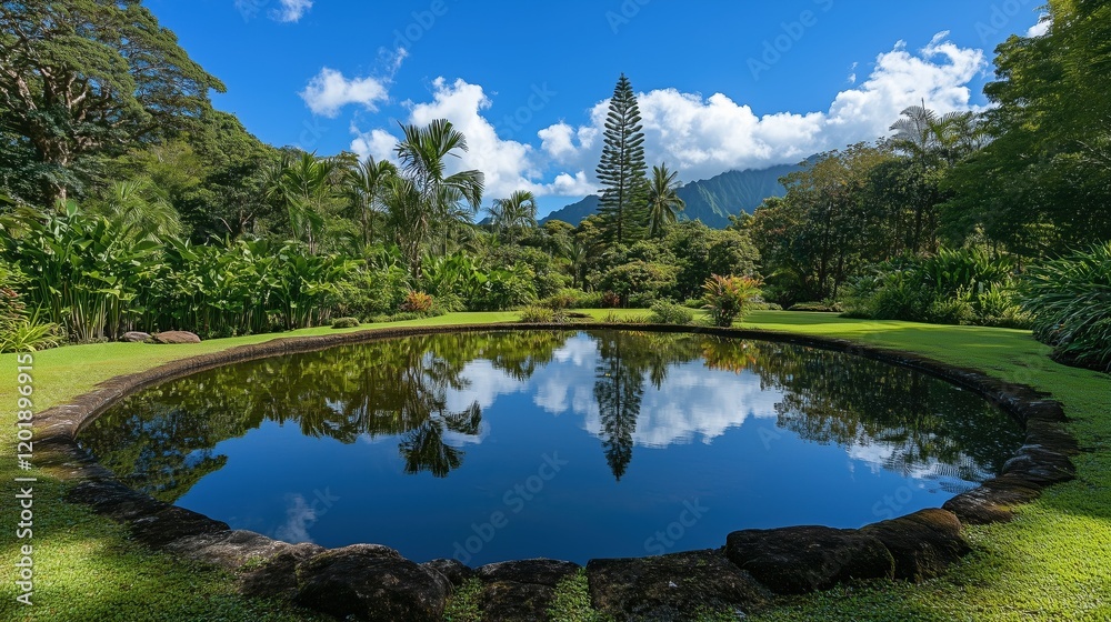 Fototapeta premium A circular pond, its surface glistening under a bright blue sky, is surrounded by dense greenery and tall trees, reflecting the tranquil beauty of nature.