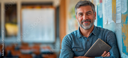 Close up portrait of a mature male teacher smiling in a classroom expressing confidence and wisdom