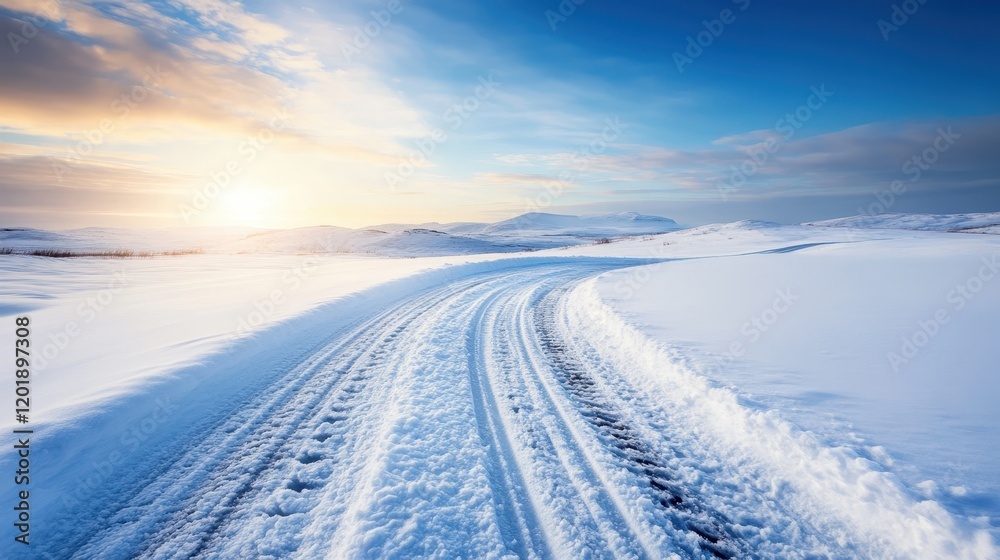 Beautiful snowy landscape with a winding path leading into the distance, under a bright sunlit sky, capturing the serene and ethereal essence of winter's beauty. Beautiful snowy landscape with a winding path leading into the distance, under a bright sunlit sky, capturing the serene and ethereal essence of winter's beauty.