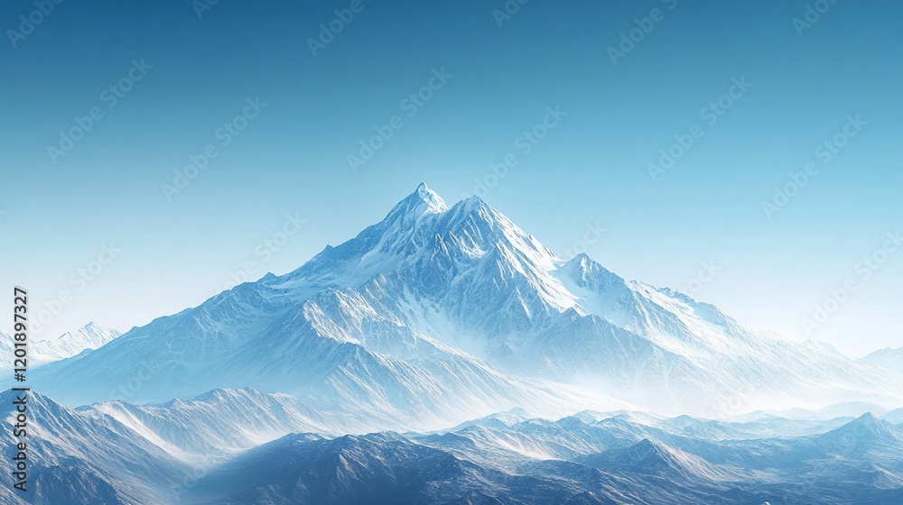Majestic snow-capped mountain peak, clear sky, distant range, serene landscape, travel poster Majestic snow-capped mountain peak, clear sky, distant range, serene landscape, travel poster