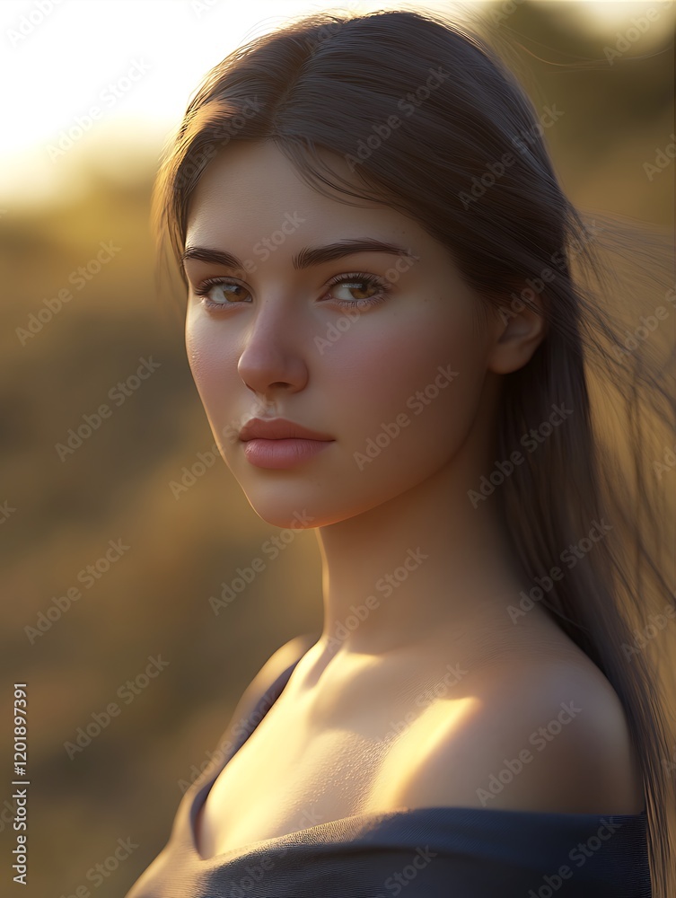 Portrait Of A Young Woman With Long Brown Hair And Blue Top Standing In Golden Light Portrait Of A Young Woman With Long Brown Hair And Blue Top Standing In Golden Light