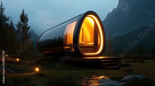 A modern tubular cabin with glowing interior sits amidst a tranquil forest, elegantly blending contemporary design with the serene beauty of natural surroundings.