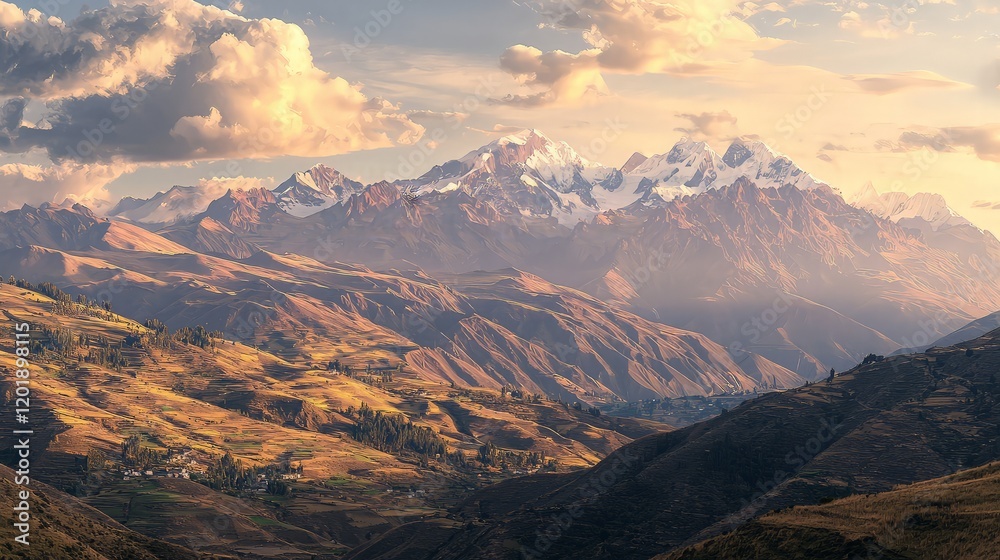 Andean sunset panorama majestic snow-capped peaks, terraced hillsides, rural village. Travel/landscape photography. Andean sunset panorama majestic snow-capped peaks, terraced hillsides, rural village. Travel/landscape photography.
