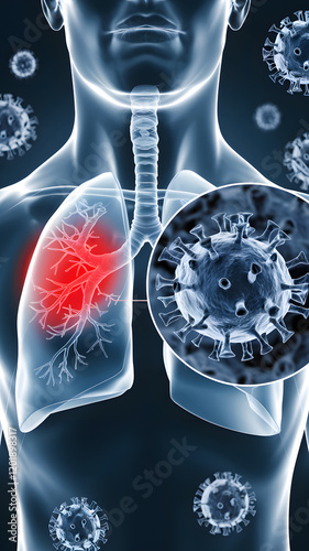 Detailed illustration of human lungs affected by virus, showcasing internal structures and viral cells in a dark background