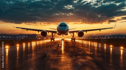 A spectacular image of an airplane taking off from a brightly illuminated runway, showcasing the majesty of flight against a beautifully vibrant evening sky and lights.