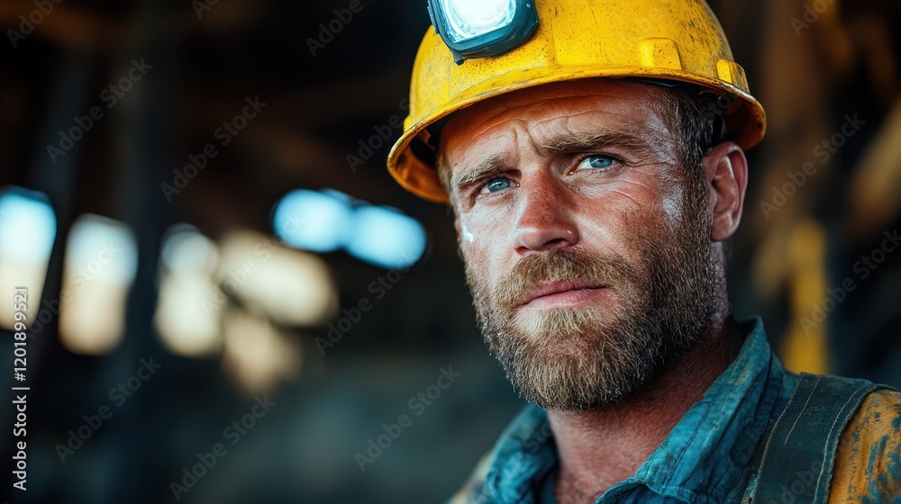 A composed worker, illuminated by industrial lighting, dons a yellow hard hat and work attire, exuding a calm strength amidst the challenging work environment. A composed worker, illuminated by industrial lighting, dons a yellow hard hat and work attire, exuding a calm strength amidst the challenging work environment.