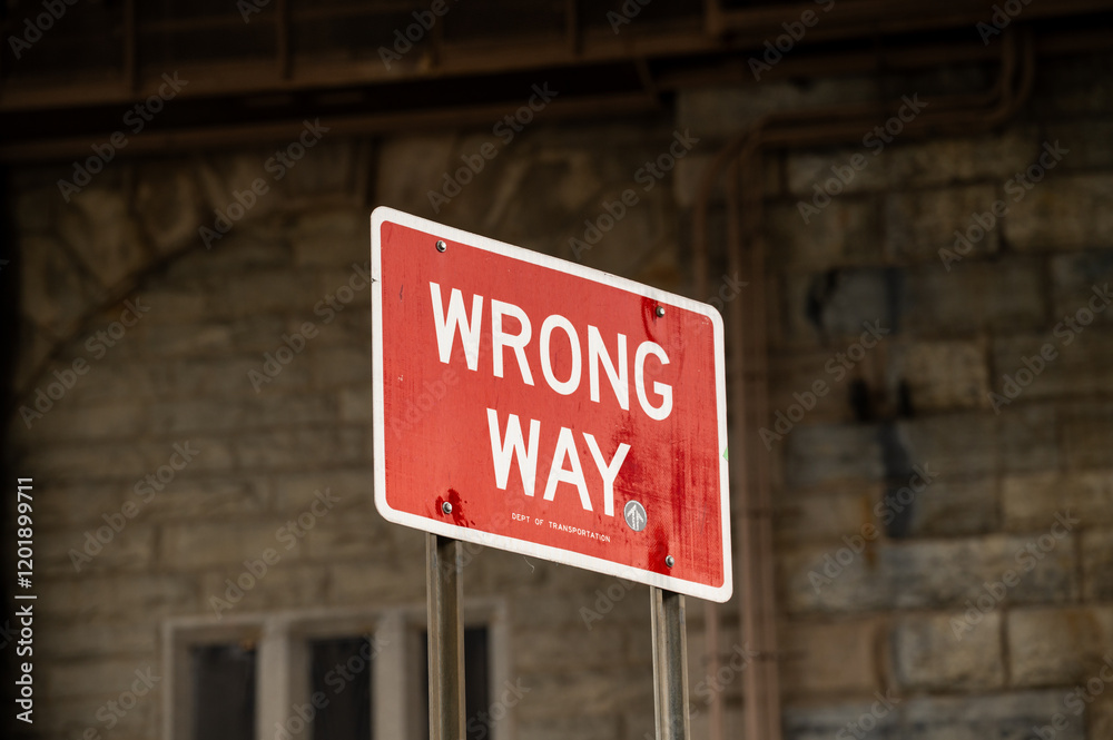 Obraz premium Traffic sign indicating wrong way near urban area, warning drivers of incorrect direction, captured during daylight hours with surrounding brick structure