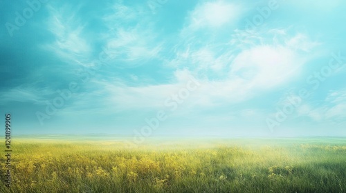 Vast field of yellow flowers under a bright blue sky with soft clouds creates peaceful mood