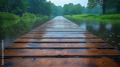 Wooden walkway extending across a rain swept river photo