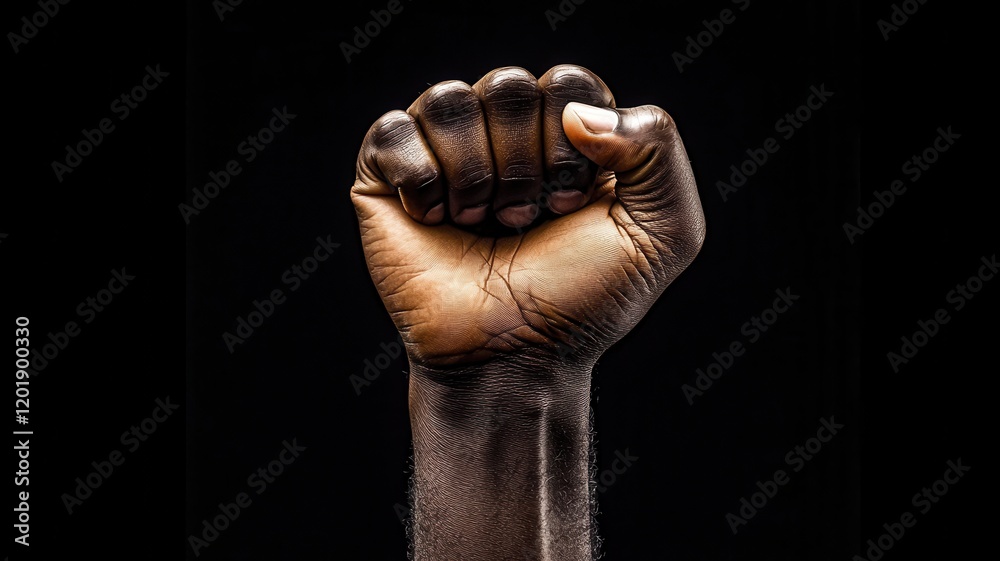 Representing the freedom of imagination. Powerful raised fist on black background Representing the freedom of imagination. Powerful raised fist on black background