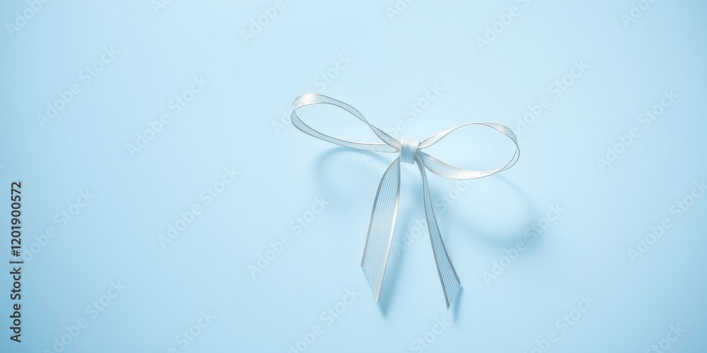 A simple silver ribbon bow on a light blue background. A delicate and elegant design element. A simple silver ribbon bow on a light blue background. A delicate and elegant design element.
