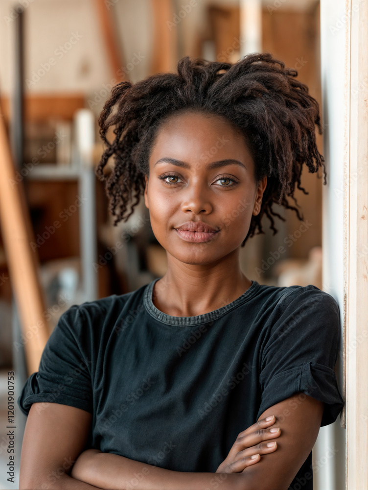 Carpentry small business owner in a workshop smiling proud of their skills Carpentry small business owner in a workshop smiling proud of their skills