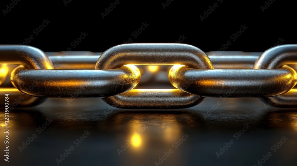 Detailed Close-Up of Interlocking Metal Chain Links with Glow Effect Detailed Close-Up of Interlocking Metal Chain Links with Glow Effect