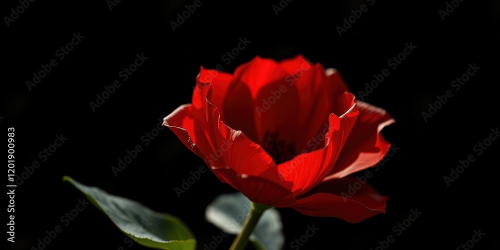 Fototapeta premium A single crimson poppy blooms against a dark background, showcasing its delicate petals and intricate structure.