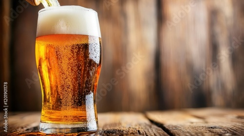 Golden beer trickles into a curved glass, resting on rustic wood. Rich details like foamy bubbles and a glowing hue capture the essence of elegance and relaxation.