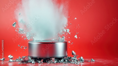 In this image, a silver container is enveloped by debris against a vibrant red backdrop, symbolizing disruption and the force of breaking through barriers. photo