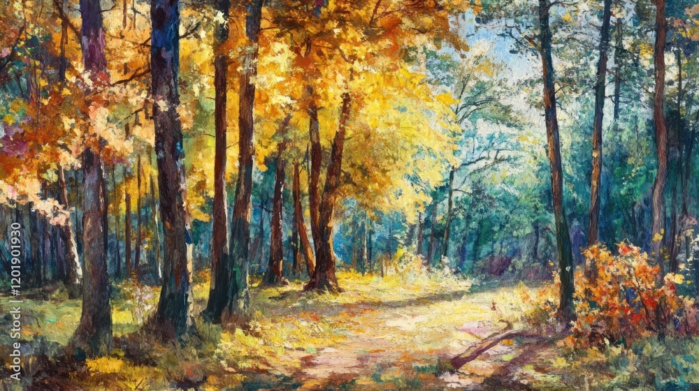Obraz premium Oil painting of an autumn forest with yellow and green foliage and a trail of sunshine