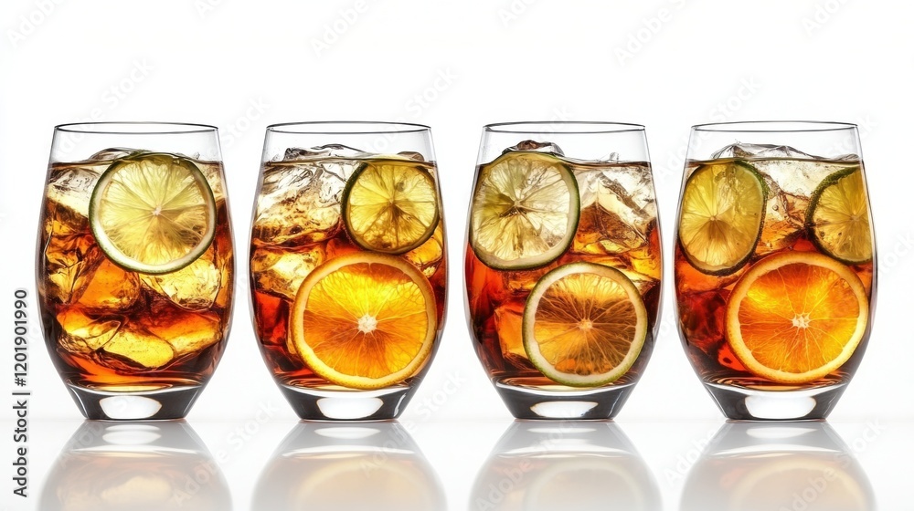 Refreshing Glasses of Iced Tea with Citrus Fruits on a White Background Refreshing Glasses of Iced Tea with Citrus Fruits on a White Background