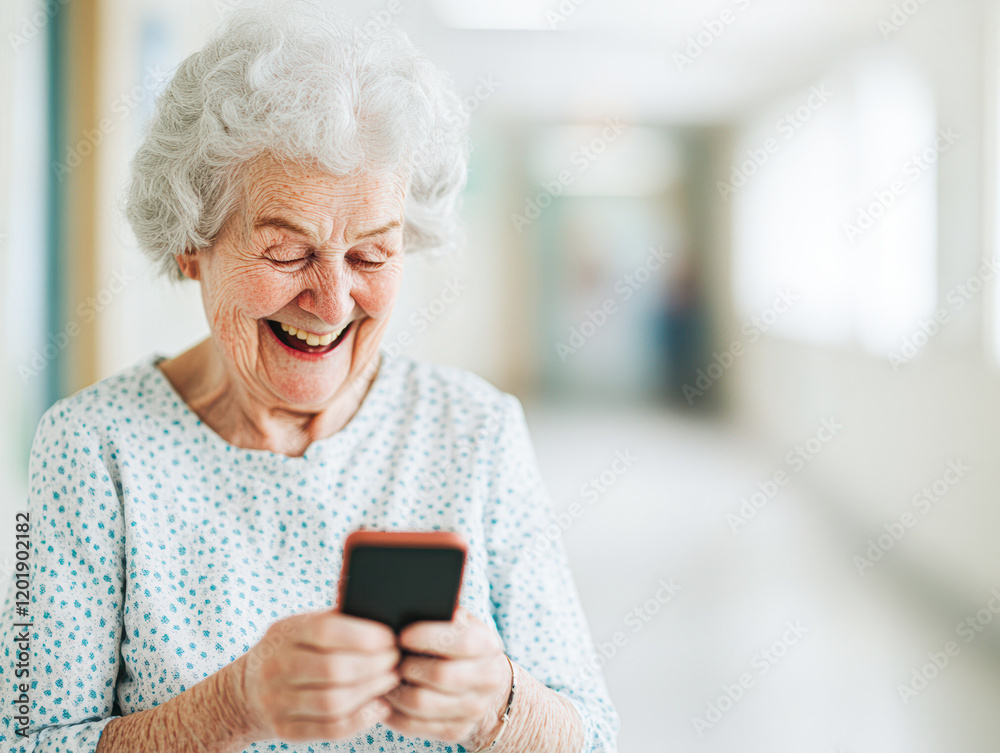 Joyful elderly woman engaged with smartphone in nursing home lifestyle Joyful elderly woman engaged with smartphone in nursing home lifestyle
