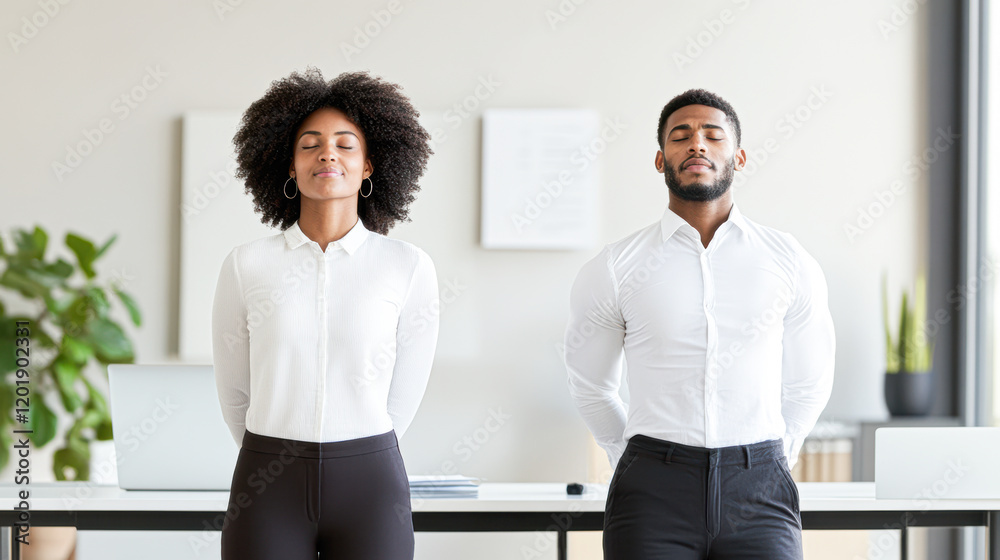 Mindfulness practice professionals engaged in meditation office image calm focus Mindfulness practice professionals engaged in meditation office image calm focus