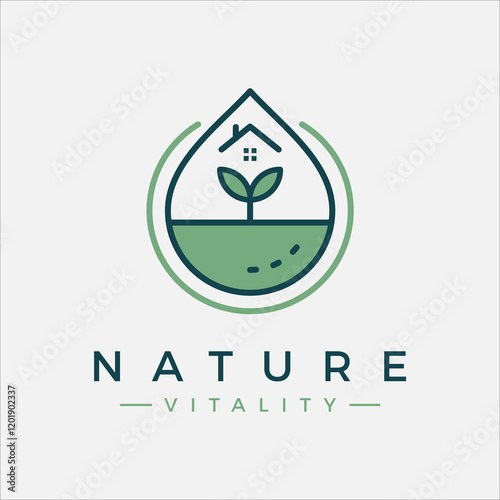 Minimalist line art logo with water drop elements containing a house, leaves, and a land line. Suitable for eco-friendly, environmental, or organic farming brands.
