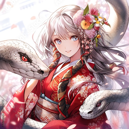Anime Girl with White Hair Wearing Red Kimono and Surrounded by Two Gray Snakes Graphic Style