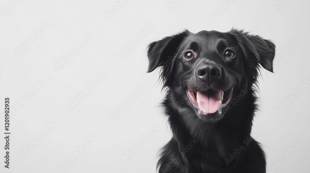 Happy Black Dog Smiling Against White Background in Studio Setting Happy Black Dog Smiling Against White Background in Studio Setting