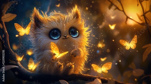 A fluffy monster with golden fur and sparkling eyes playing with glowing butterflies in a fairyland photo