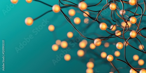Directional path flow concept. Illuminated orbs on dark wires against a teal background create a mesmerizing, festive atmosphere.