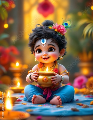 Adorable Baby Krishna Holding a Diya Festive Digital Art