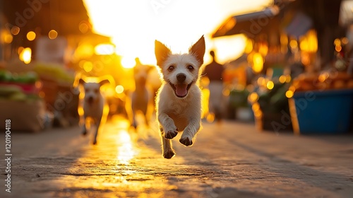 Energetic Xoloitzcuintli Dogs Racing Through a Vibrant Oaxacan Mercado at Golden Hour photo