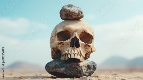 A human skull is precariously balanced between two large rocks in a stark, barren landscape, evoking themes of mortality and the passage of time with striking realism. photo