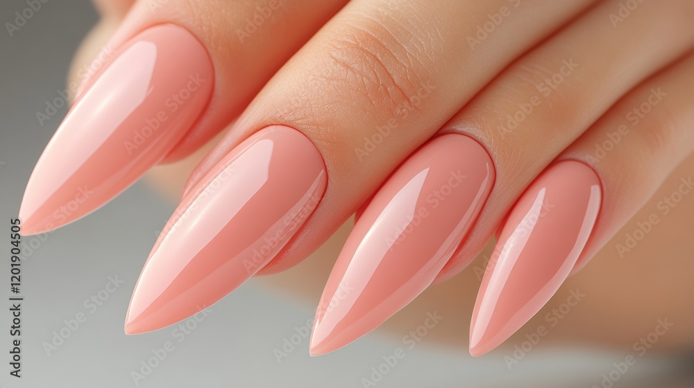 Elegant Pink Stiletto Nails with Shiny Finish on Soft Background Elegant Pink Stiletto Nails with Shiny Finish on Soft Background