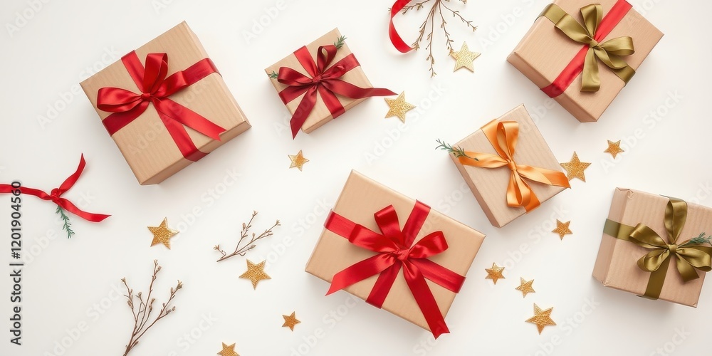 Beautifully wrapped gifts adorned with red and green ribbon sit on a white surface with scattered golden stars and twigs. Beautifully wrapped gifts adorned with red and green ribbon sit on a white surface with scattered golden stars and twigs.