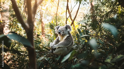 Koala resting in Australian eucalyptus forest.