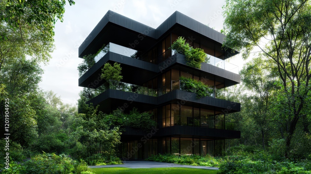 A sleek, contemporary building surrounded by lush greenery, showcasing a harmonious blend of architecture and nature in a forested environment. A sleek, contemporary building surrounded by lush greenery, showcasing a harmonious blend of architecture and nature in a forested environment.