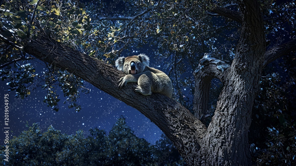 Koala sleeping in eucalyptus tree at night, starry sky.