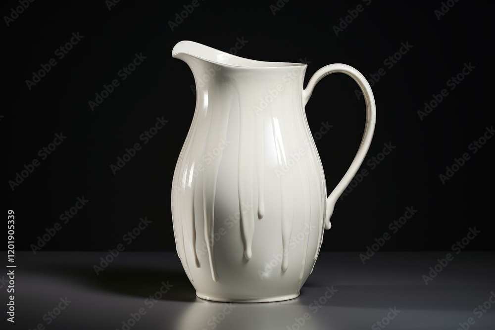 Stylish white jug with dripping glaze effect, creating a unique and artistic look on a dark background Stylish white jug with dripping glaze effect, creating a unique and artistic look on a dark background