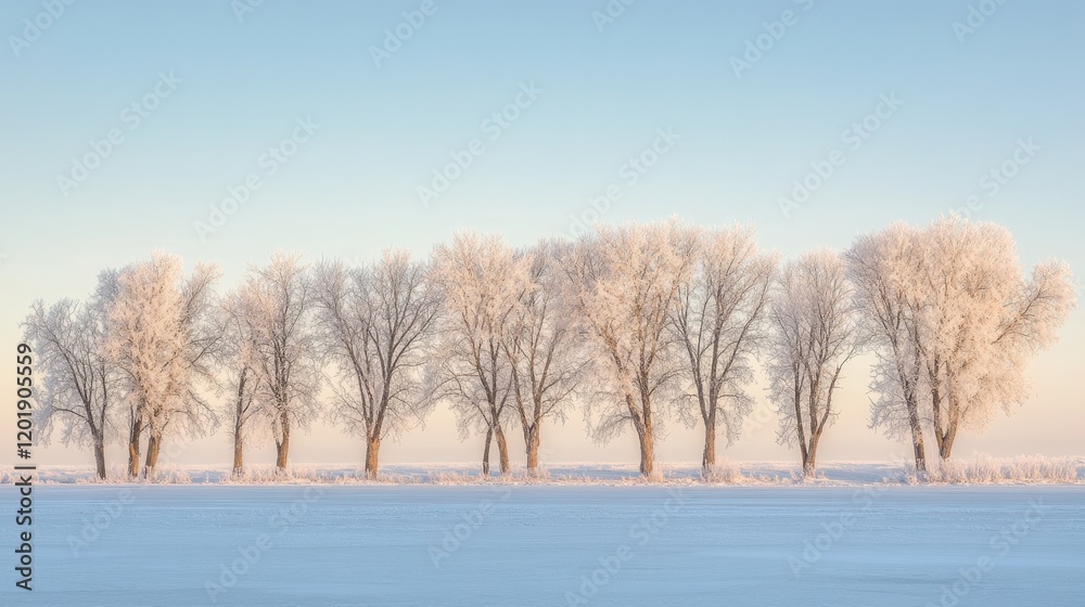 A serene photo of frost-covered trees lining a quiet frozen lake, with soft morning light