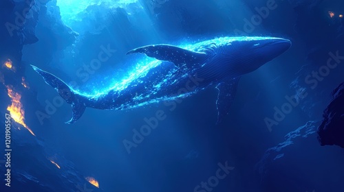 Luminous Whale in a Deep Blue Abyss: A Digital Illustration of Otherworldly Marine Life photo