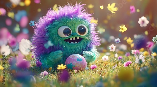 A green and purple fluffy monster playing with a magical ball in a colorful meadow