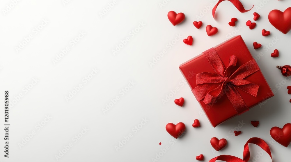 A red gift box is tied with a ribbon, surrounded by various small red hearts on a white surface, symbolizing love, joy, and the excitement of giving and receiving. A red gift box is tied with a ribbon, surrounded by various small red hearts on a white surface, symbolizing love, joy, and the excitement of giving and receiving.