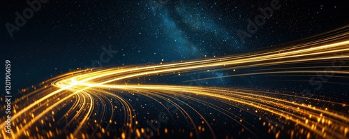 Directional path flow concept. Abstract golden light trails against a dark starry background, creating a sense of motion and depth.