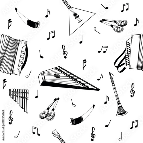 Folk musical instruments, accordion, balalaika, flute, horns and notes. All objects are hand drawn in vector in black color. Vector illustration. Suitable for posters, invitations.