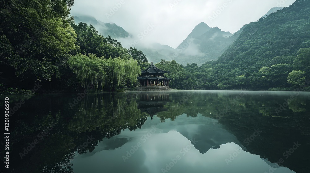 Misty mountain lake pavilion, serene landscape, tranquil reflection, travel photography. Misty mountain lake pavilion, serene landscape, tranquil reflection, travel photography.