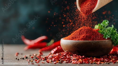 A dynamic composition showcasing red chili powder spilling into a wooden bowl, surrounded by chili peppers, against a dark rustic background setting. photo