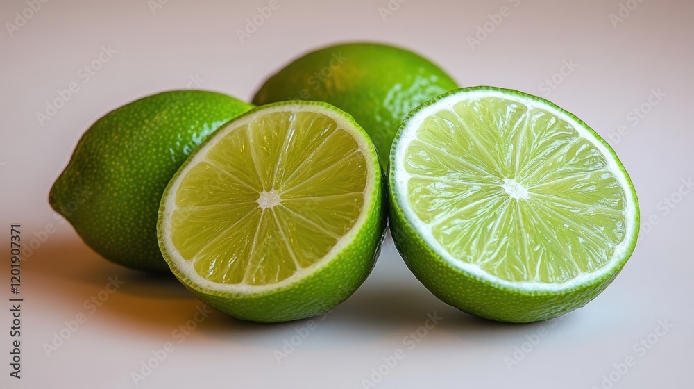 Fresh Green Limes Displayed with Sliced Half on White Background Fresh Green Limes Displayed with Sliced Half on White Background