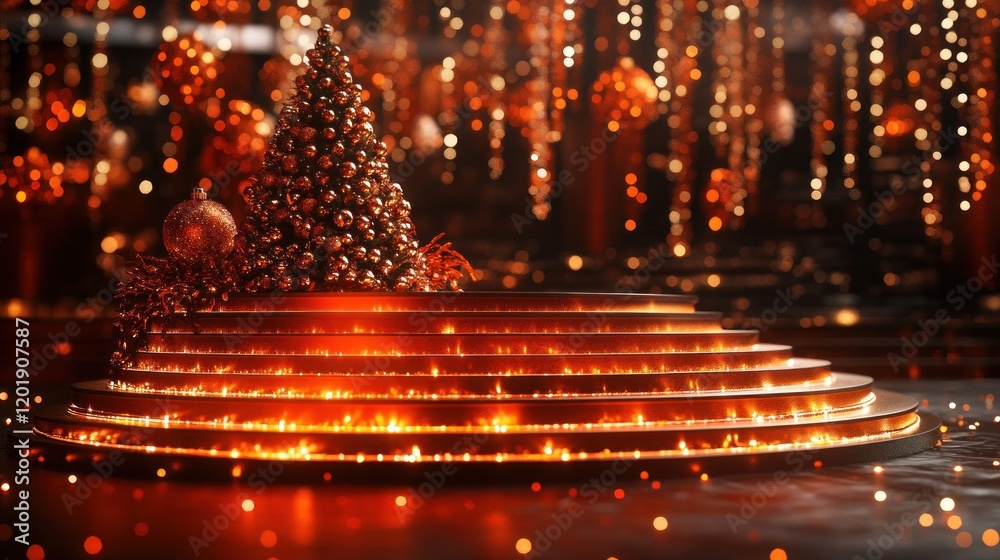 Obraz premium Festive Christmas tree on a glowing, circular, tiered platform with bokeh lights.