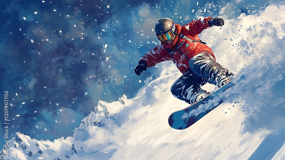 Snowboarder performing an aerial maneuver over snowy mountains under a dramatic sky. Snowboarder performing an aerial maneuver over snowy mountains under a dramatic sky.