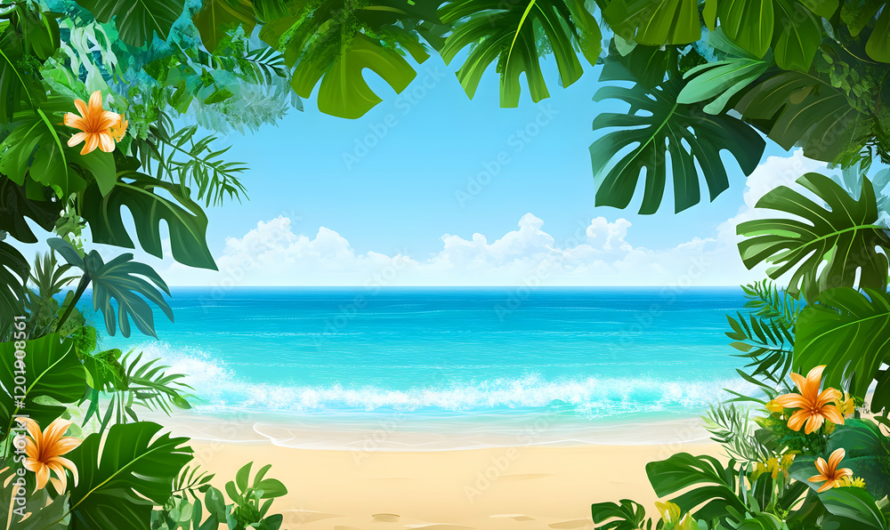 Fototapeta premium Idyllic tropical beach scene framed by lush green foliage and vibrant flowers, perfect for summer vacation or travel themes.